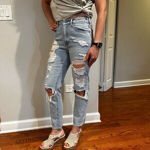 PacSun light wash very distressed mom jeans, size 26 and 100% cotton